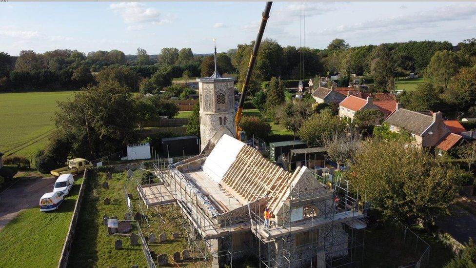 Aerial view of church and new roof work