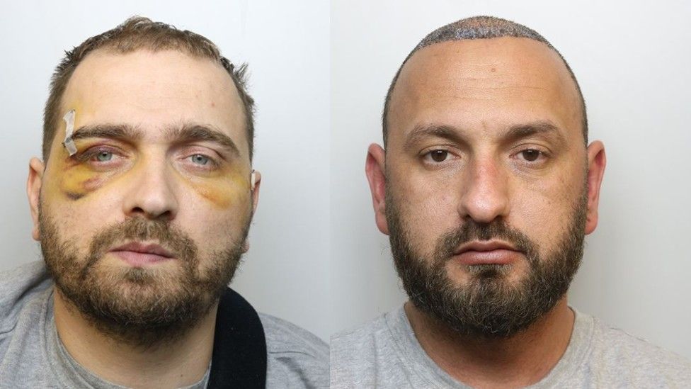Two mugshots of men who have been convicted of murder, one with two black eyes.