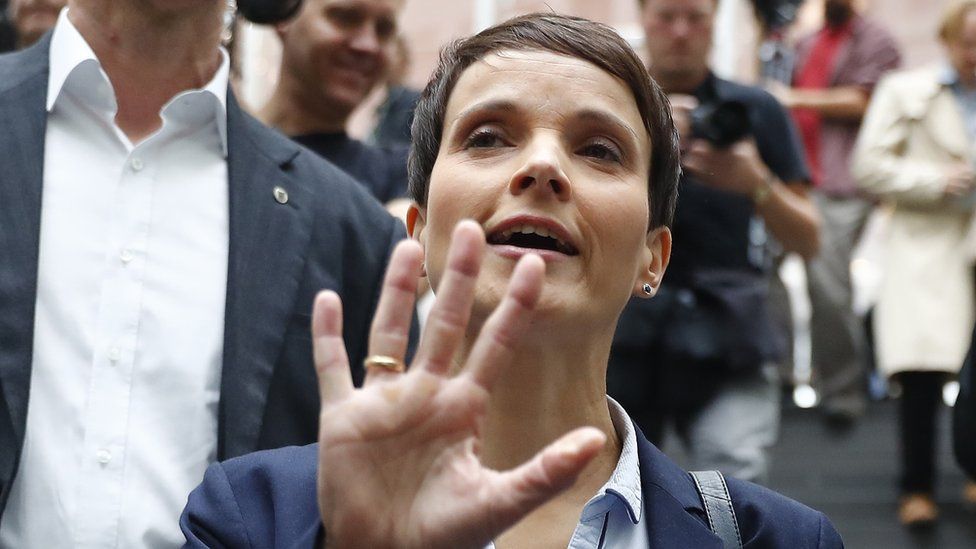 Frauke Petry reacts as she leaves a news conference in Berlin, Germany, September 25, 2017.
