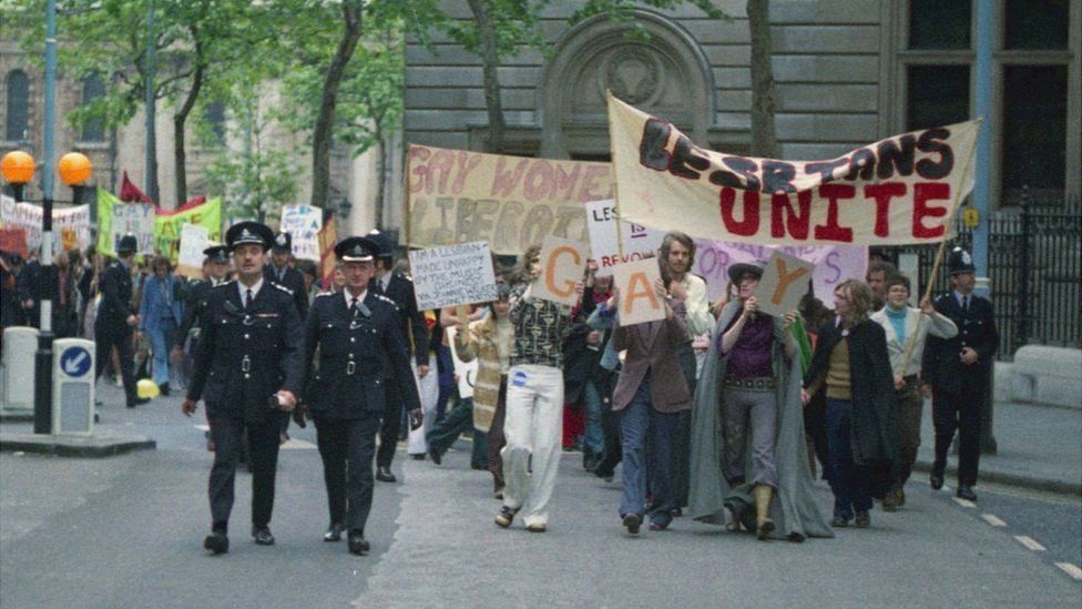 Lesbians and gay men marching in the first official Pride in London in 1972