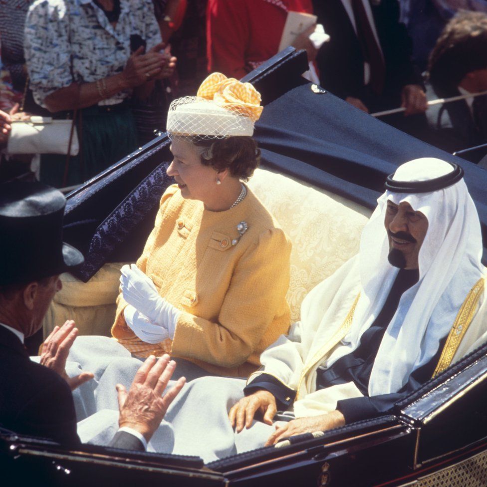 Crown Prince Abdullah of Saudi Arabia with Queen Elizabeth II in the traditional carriage procession along the course at Royal Ascot
