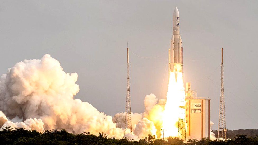 Arianespace's Ariane 5 rocket lifting off from its launchpad, in French Guiana, in April 2023.