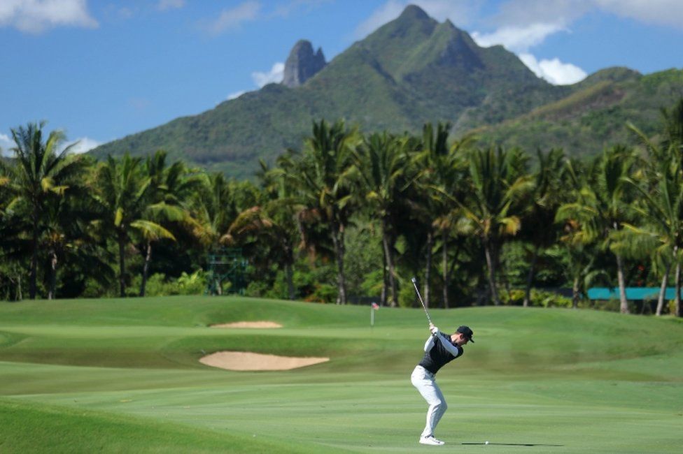 Dylan Frittelli of South Africa plays his second shot into the 15th green during the first round of the AfrAsia Bank Mauritius Open at Four Seasons Golf Club in Poste de Flacq, Mauritius - 29 November 2018