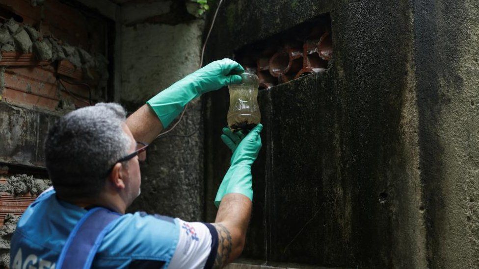 A municipal health worker inspects an old warehouse for stagnant water which could serve as a potential breeding site of Aedes aegypti mosquitoes, known to spread the dengue, in Rio de Janeiro, Brazil, January 26, 2024.