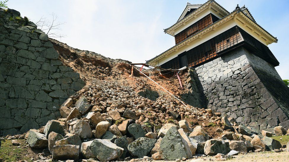 The stone wall of Kumamoto Castle is seen damaged by the earthquake