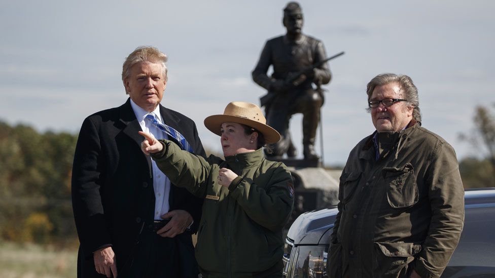 Donald Trump with park ranger Caitlin Kostic and Steve Bannon