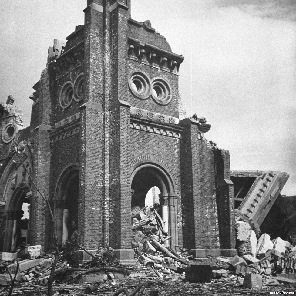 The Roman Catholic cathedral is destroyed after an atomic bomb was dropped August 8, 1945 in Nagasaki, Japan