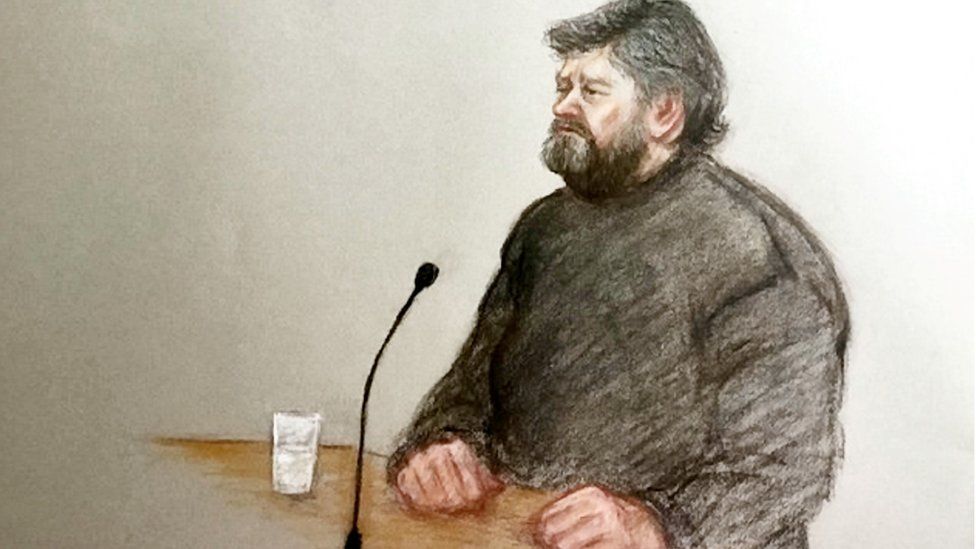 Court artist sketch by Julia Quenzler of Carl Beech giving evidence at Newcastle Crown Court