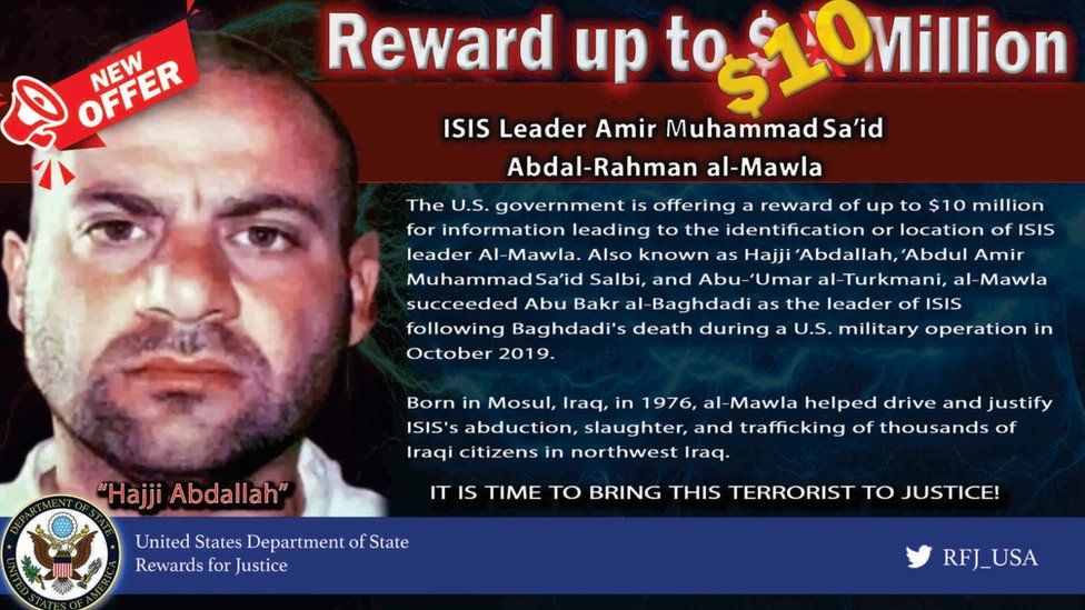 US reward poster for Abu Ibrahim al-Qurayshi, also known as Abdullah Qardash and Hajji Abdullah