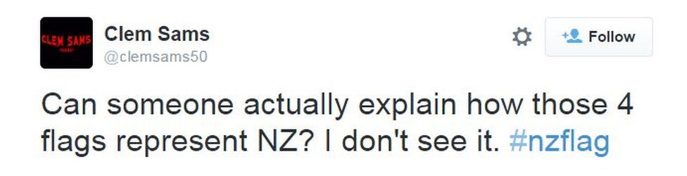 Tweet text: "Can someone actually explain how those 4 flags represent NZ? I don't see it."
