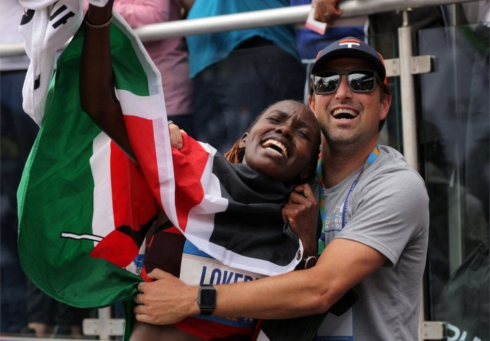 TCS New York City Marathon - New York, United States - November 6, 2022 Kenya"s Sharon Lokedi celebrates after winning the elite women"s race