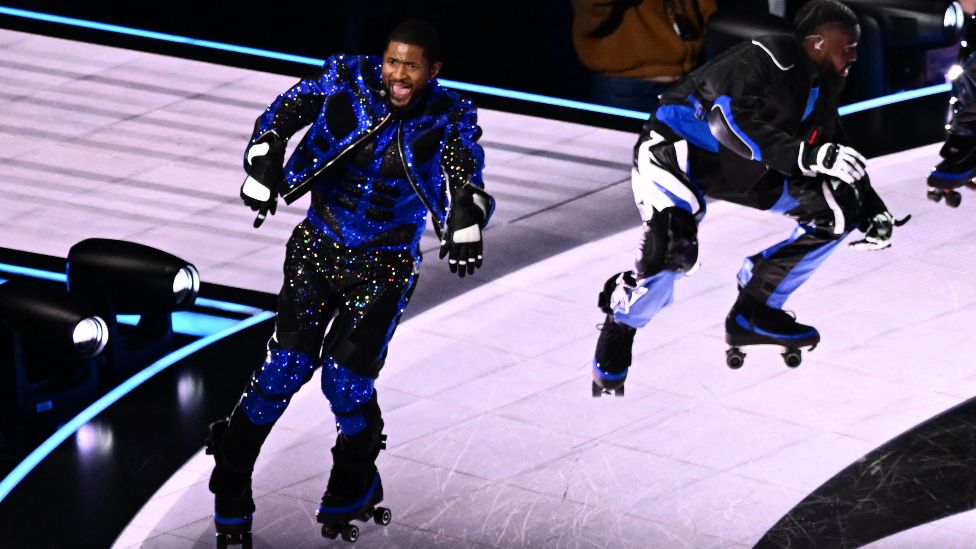 US singer-songwriter Usher performs during Apple Music halftime show of Super Bowl LVIII between the Kansas City Chiefs and the San Francisco 49ers at Allegiant Stadium in Las Vegas, Nevada, February 11, 2024