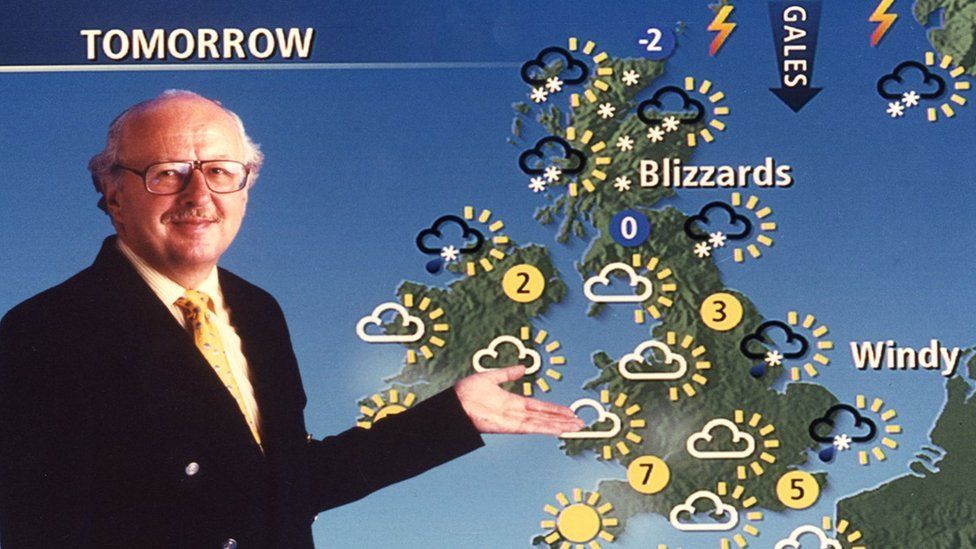 Presenter Michael Fish stands in front of a UK weather map