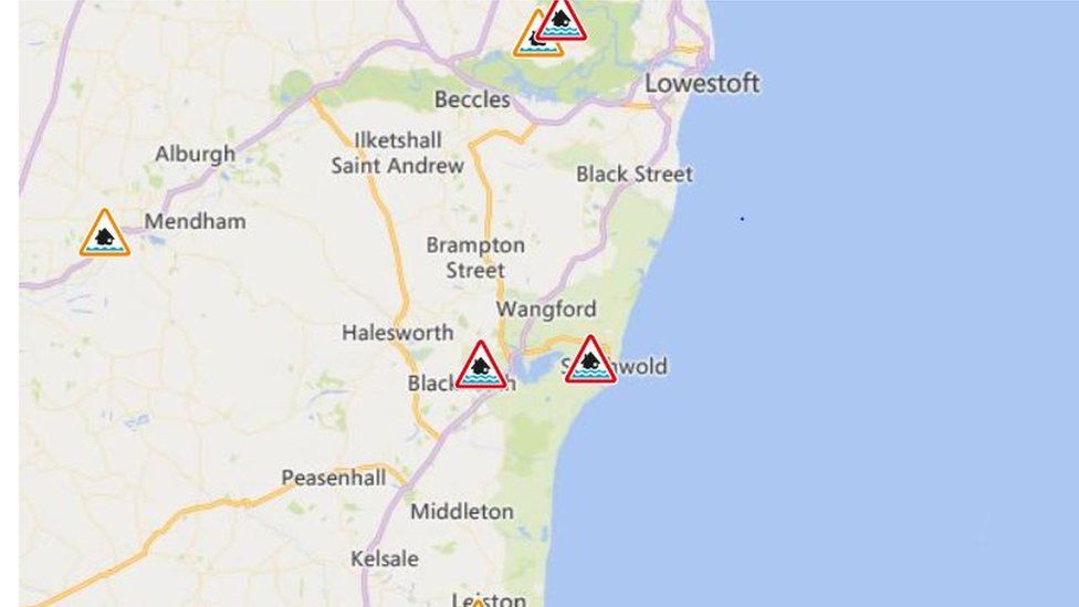 Map of flood warnings in Suffolk