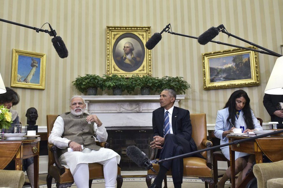 India's Prime Minister Narendra Modi speaks during a bilateral meeting in the Oval Office with US President Barack Obama at the White House on June 7, 2016 in Washington