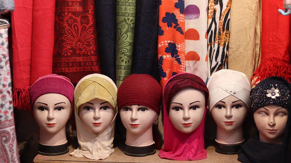 Mannequins with Hijab are seen inside a shop on World Hijab Day in Srinagar,Kashmir on February 01, 2022.