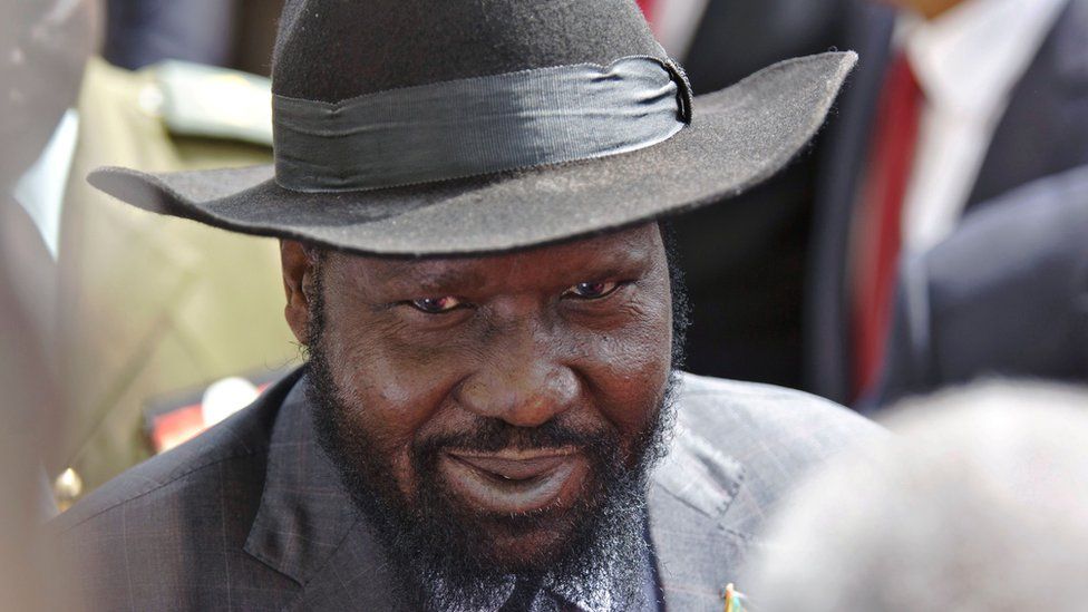 President of South Sudan, Salva Kiir greets ministers outside the national palace of Ethiopia in Addis Ababa on February 24, 2017, after a press conference during a state visit by the South Sudanese government.