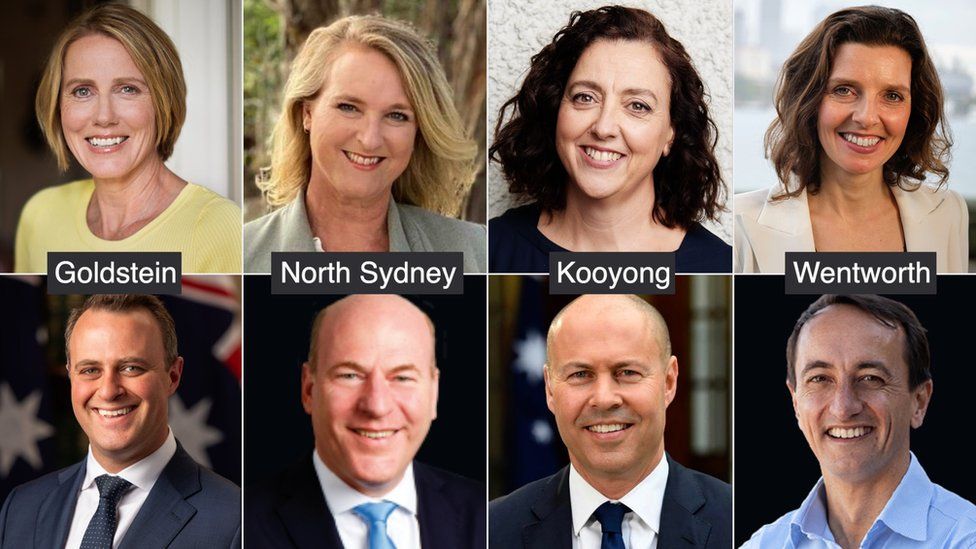 (Clockwise from top left) Zoe Daniel, Kylea Tink, Monique Ryan and Allegra Spender and they candidates they are running against: Tim Wilson, Trent Zimmerman, Josh Frydenberg and Dave Sharma