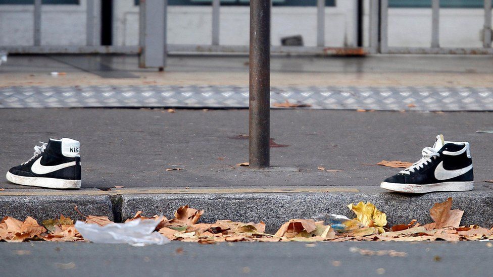 A pair of abandoned shoes outside the Bataclan concert hall on 14 November 2015