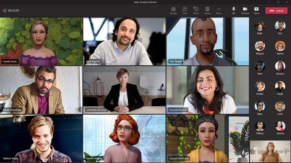 A sample screen shows a 9x9 meeting grid on Microsoft Teams, with a mix of real and virtual avatar faces