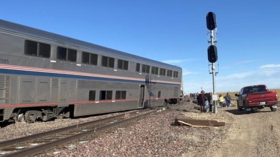 A view of a derailed Amtrak train, outside of Joplin, Montana, USA, 25 September 2021