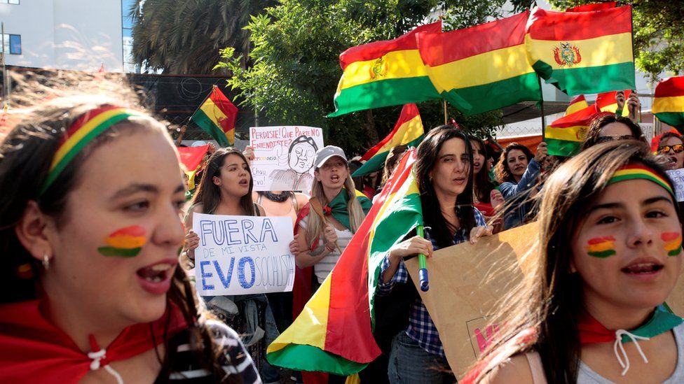 Women protest against Bolivia's President Evo Morales in La Paz, Bolivia, on 3 November
