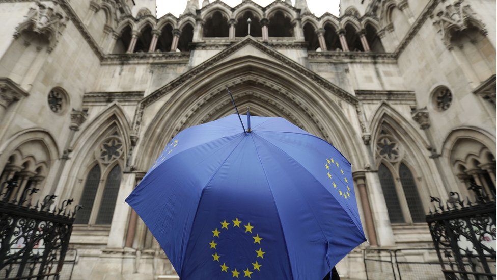 Umbrella carrying the EU flag outside the High Court in London