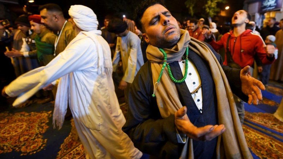 Sufi Muslims practise the ritual of Zikr as they celebrate Moulid Al Sayeda Zeinab which commemorates the birthday of the granddaughter of Prophet Mohammad, next to a mosque dedicated to her in Old Cairo, Egypt February 14, 2023