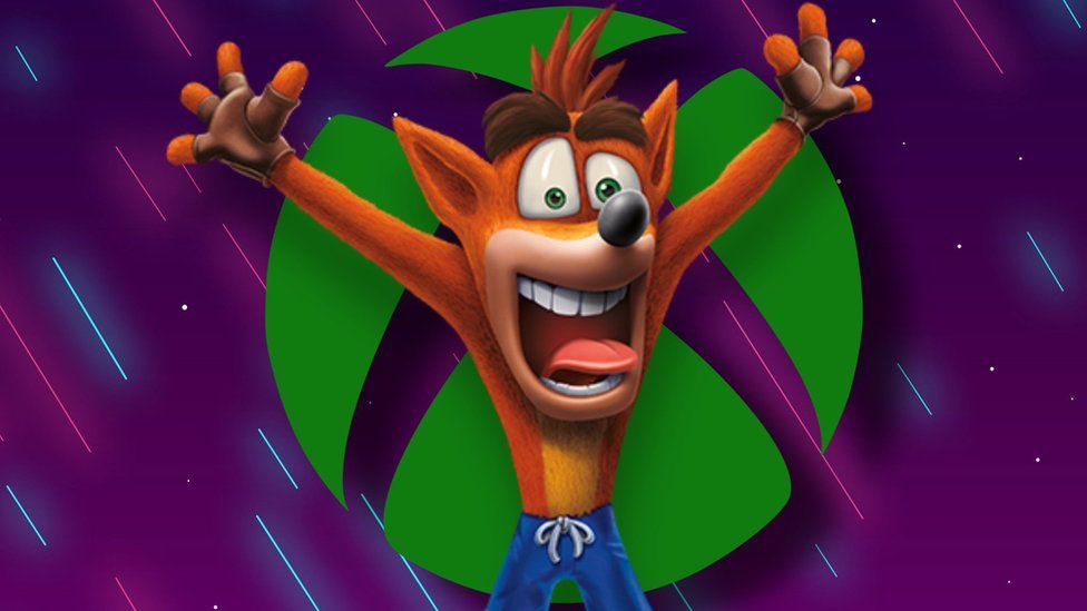 Crash Bandicoot in front of a Xbox sign.
