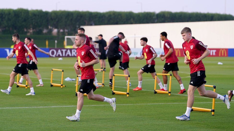 Wales' players during a training session on Saturday
