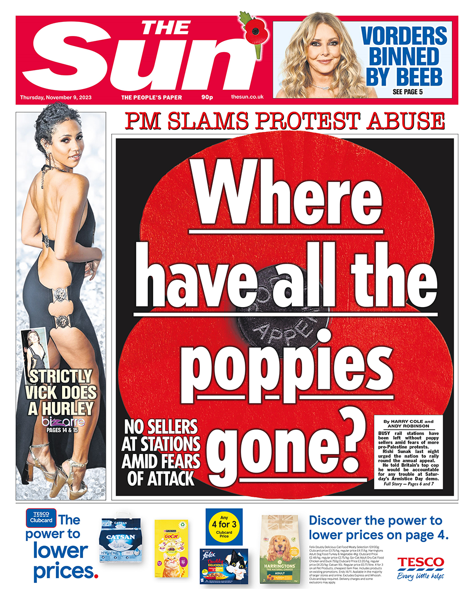 The headline in the Sun reads: "Where have all the poppies gone?"