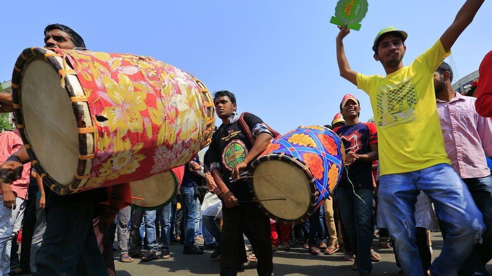 Traditional Bangla drummers got the crowds dancing during the Mongol Shobhajatra parade