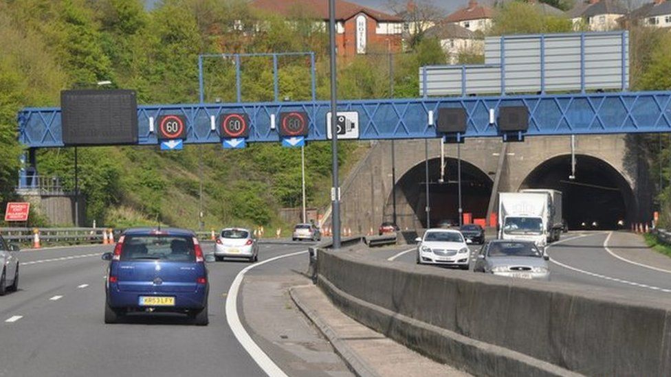The M4 around Newport going into the Brynglas Tunnels