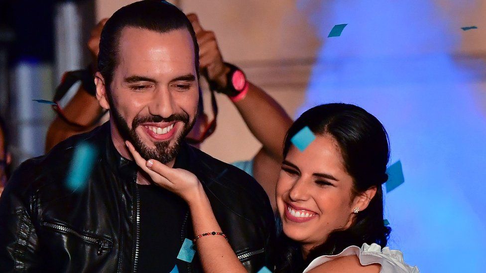 Nayib Bukele celebrates alongside his wife Gabriela Rodriguez (R) after winning the presidential elections in San Salvador on February 3, 2019