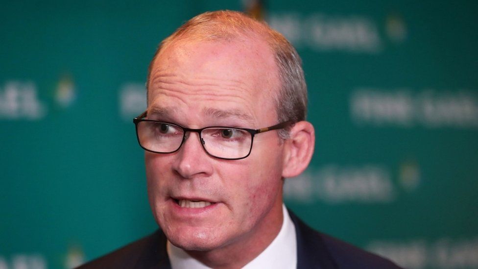 Headshot Simon Coveney, wearing glasses with a green background in the middle distance