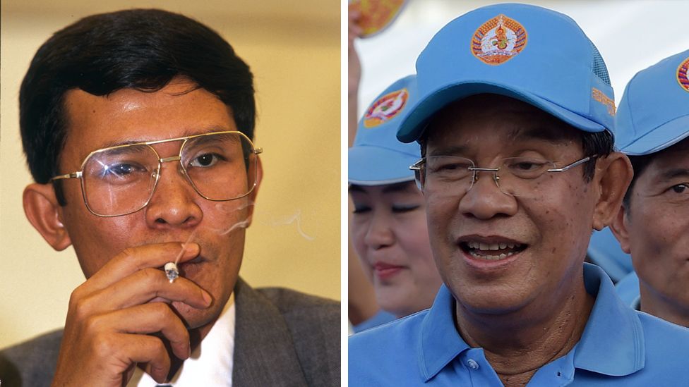 A composite picture showing Hun Sen in the late 1980s smoking a cigarette and Hun Sen at an election rally in 2018