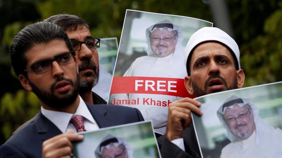 Human rights activists and friends of Saudi journalist Jamal Khashoggi hold his picture during a protest outside the Saudi Consulate in Istanbul, Turkey October 8, 2018