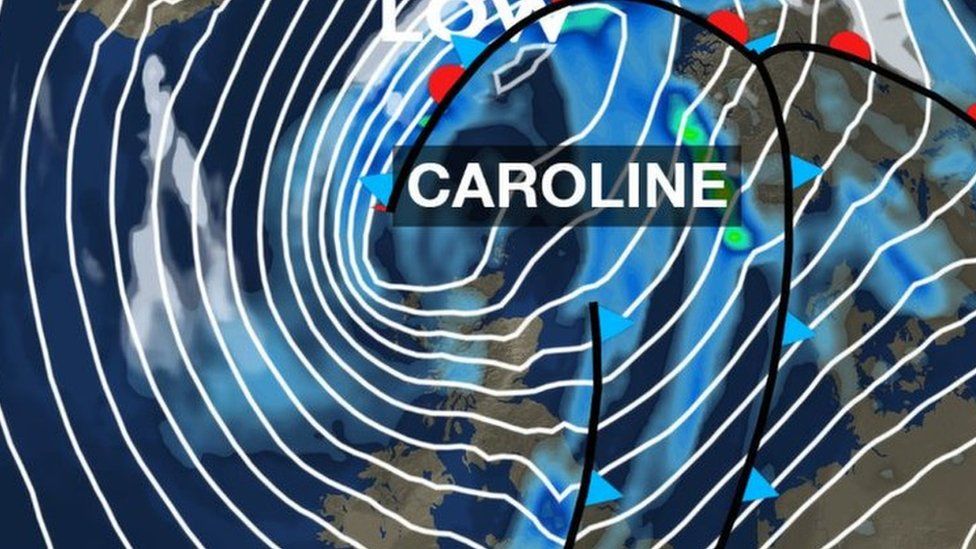 BBC Weather graphic of Storm Caroline