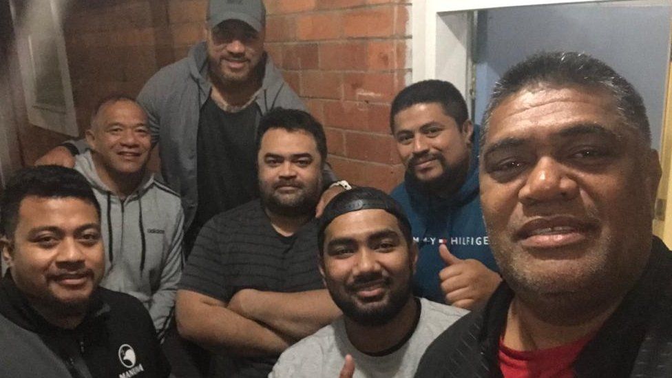 The management team, including coach and World Rugby Hall of Famer Brian Lima (second left), Tuala Pat Leota (centre, arms folded) and Hari Junior Narayan (centre, with cap)