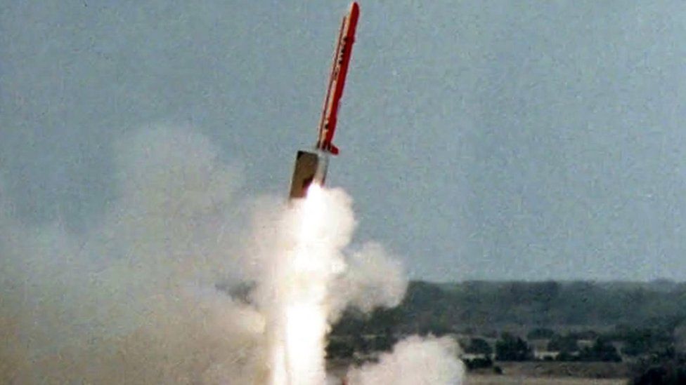 This photograph handed out by the Pakistani military shows the launch of the Hatf VII Babur missile during a test fire at an undisclosed location, 11 August 2005.