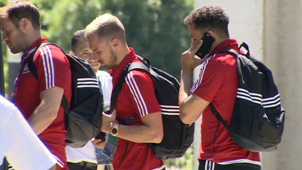 Aaron Ramsey and Hal Robson-Kanu get on team bus in Lyon