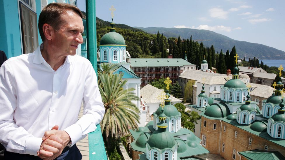 GREECE - JULY 5, 2016: Russian State Duma Chairman Sergei Naryshkin visits St. Panteleimon Monastery on Mount Athos