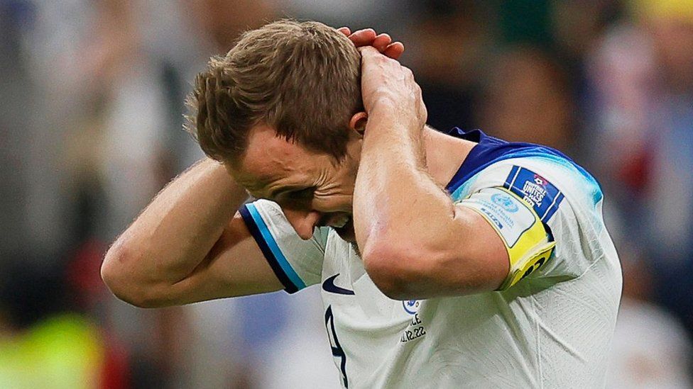 England captain Harry Kane reacts after missing his penalty
