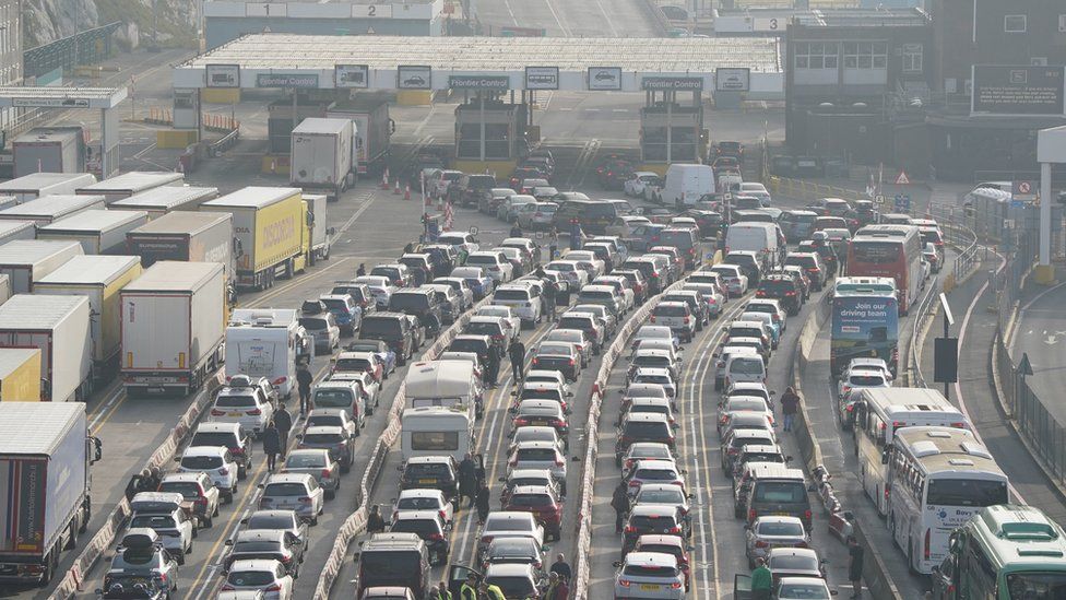 Holiday traffic queues to check-in for ferries at the Port of Dover on Friday