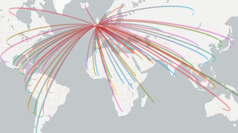 Arc line map showing destinations Wales exports to