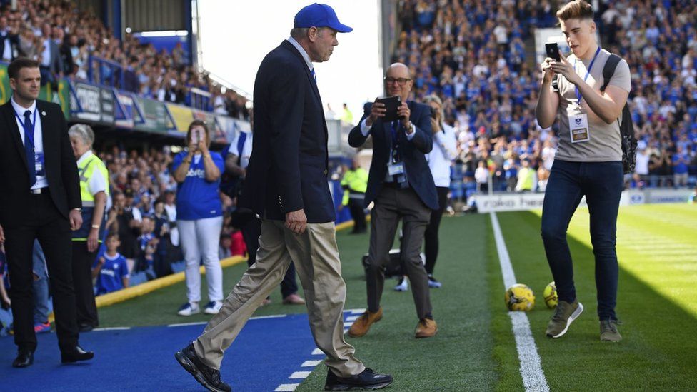 Michael Eisner takes to the pitch at Fratton Park before kick off of Portsmouth v Rochdale on 5th August 2017