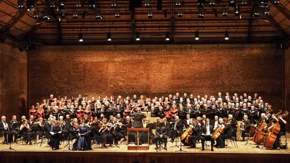 Ipswich Choral Society and Halifax Choral Society singing at Snape Maltings Concert Hall in 2017