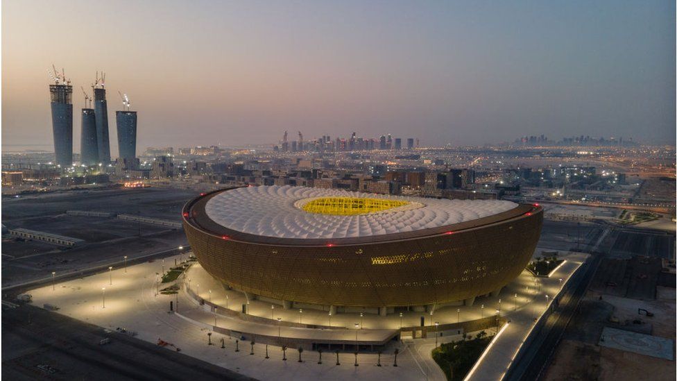 An aerial view of Lusail Stadium at sunrise on June 20, 2022 in Doha, Qatar