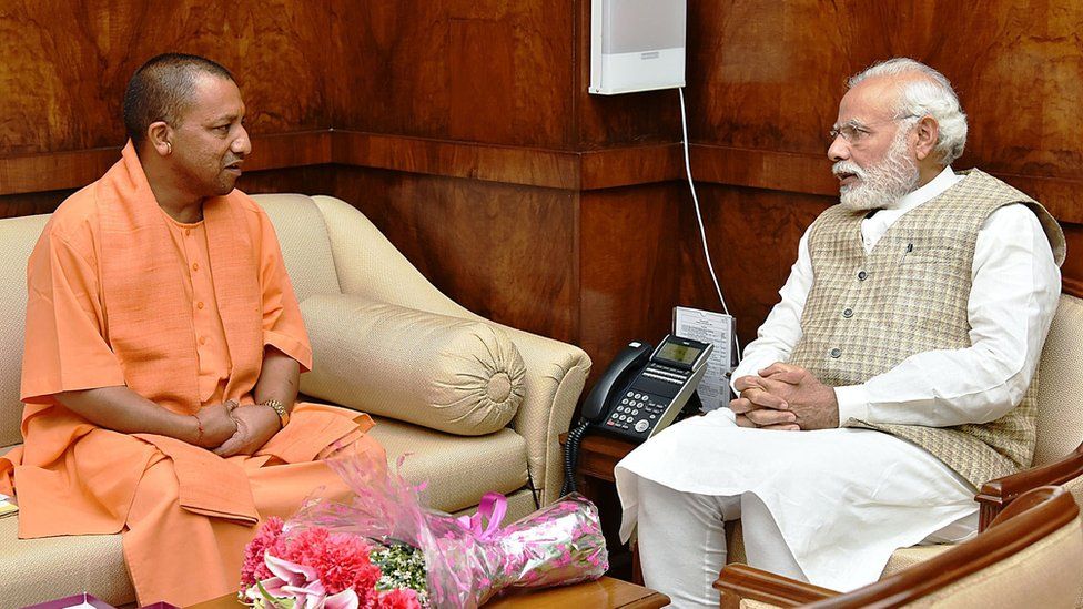 A handout photo made available by the Indian Press Information Bureau (PIB) shows newly sworn in Chief Minister of Uttar Pradesh Yogi Adityanath (L) meeting with Indian Prime Minister Narendra Modi (R) in New Delhi, India, 21 March 2017