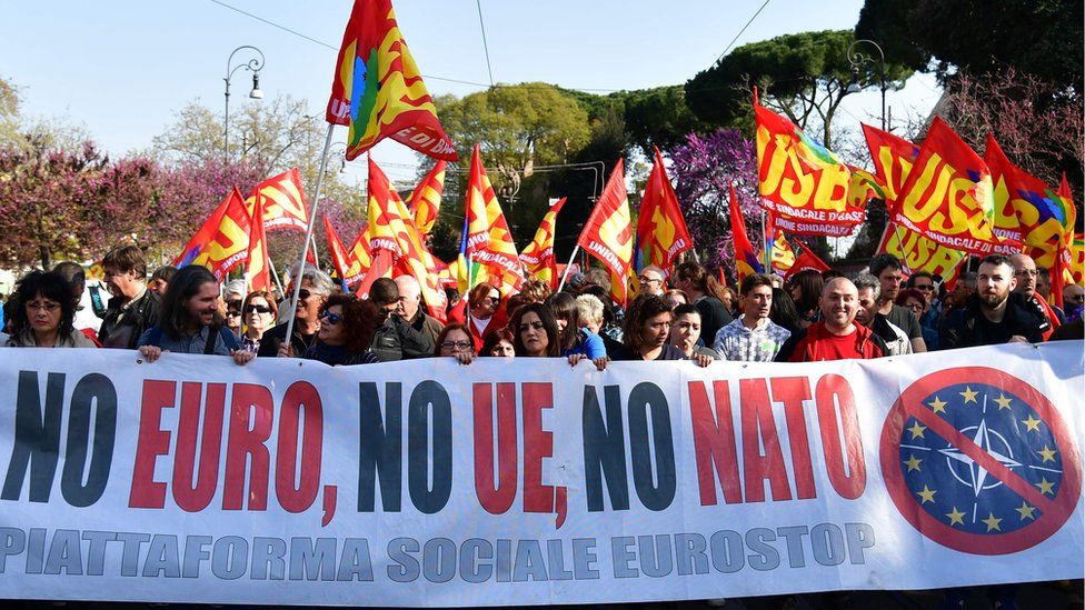 People take part in a demonstration against the European Union (Euro Stop) on March 25, 2017 in Rome. Italian capital hosts a special summit of European leaders today to mark the 60th anniversary of the bloc"s founding treaties